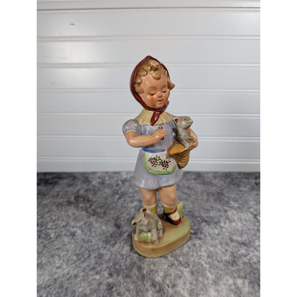 Vintage Hummel Style Figurine Basket Girl With Cats Made in Occupied Japan